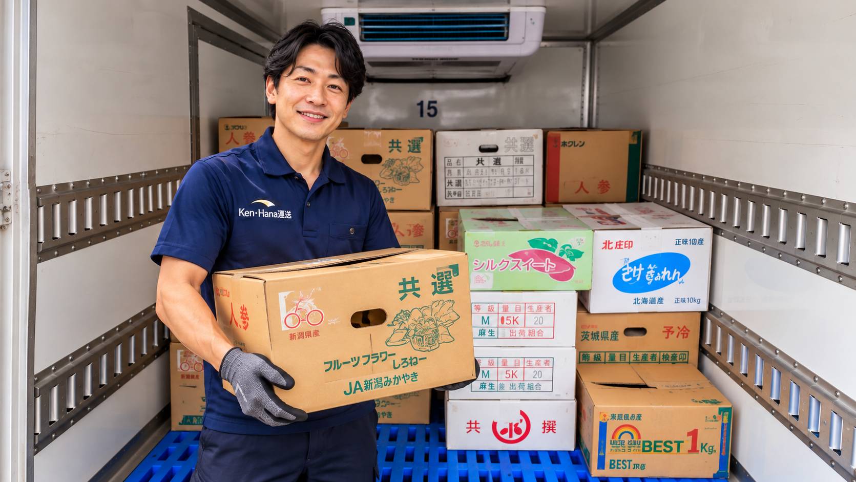 配送車の荷室で荷物を丁寧に扱う作業の様子