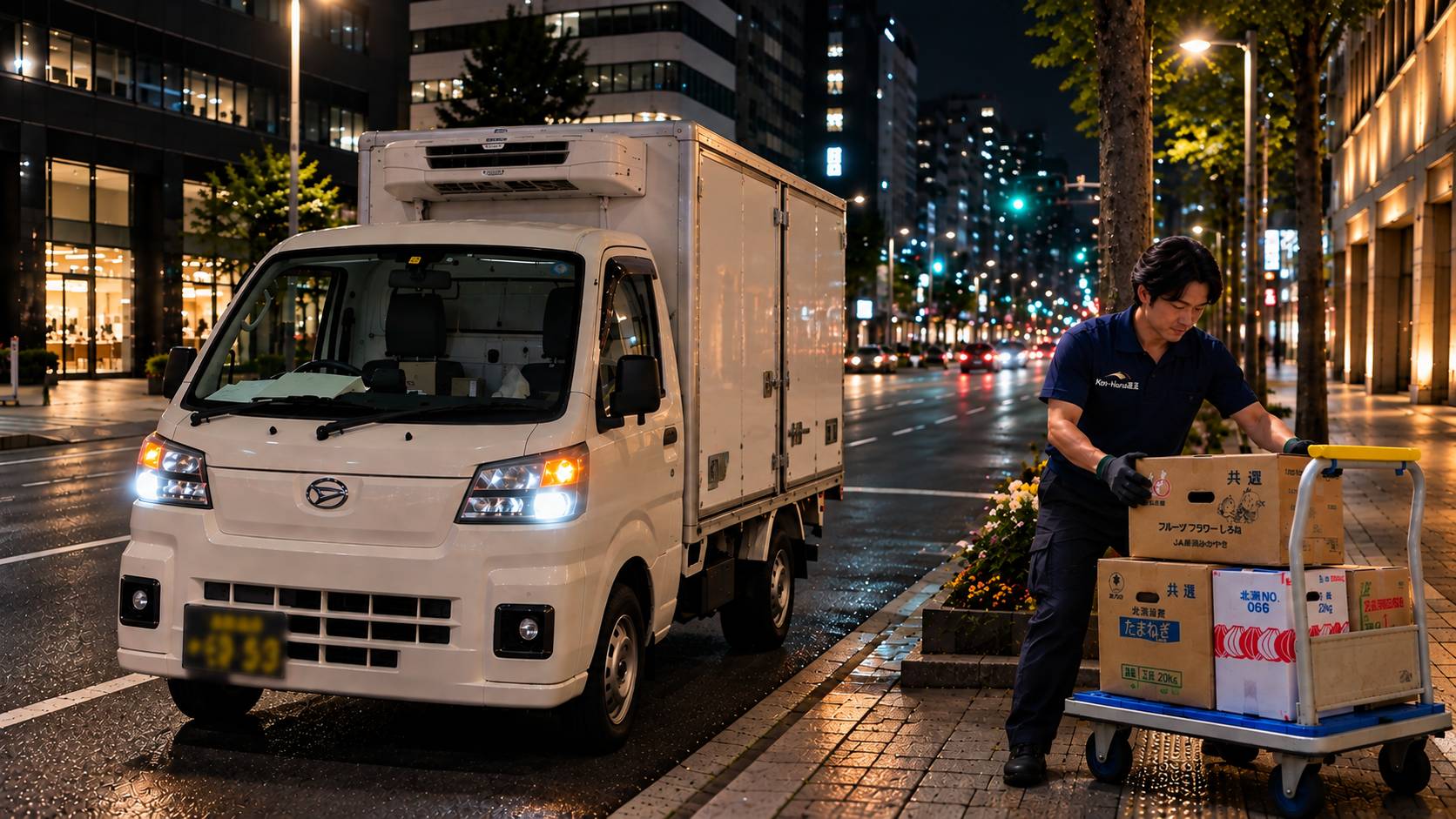 夜間に配送車両から荷物を運ぶ作業の様子