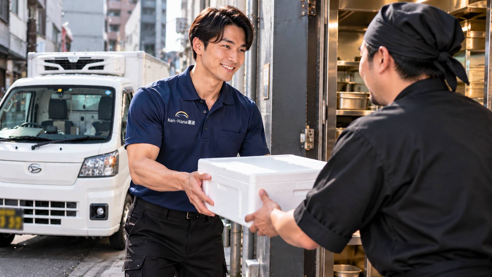 Ken・Hana運送の配送スタッフが配送先で荷物を直接手渡す様子
