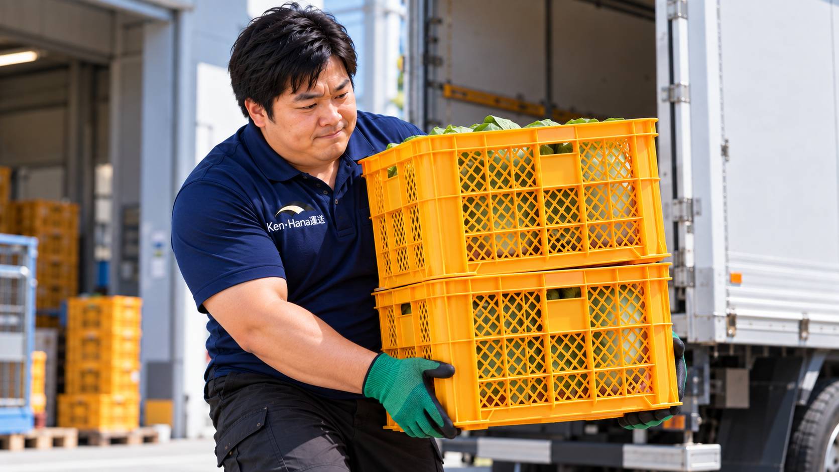 Ken・Hana運送の男性スタッフが配送現場で荷物を扱う様子