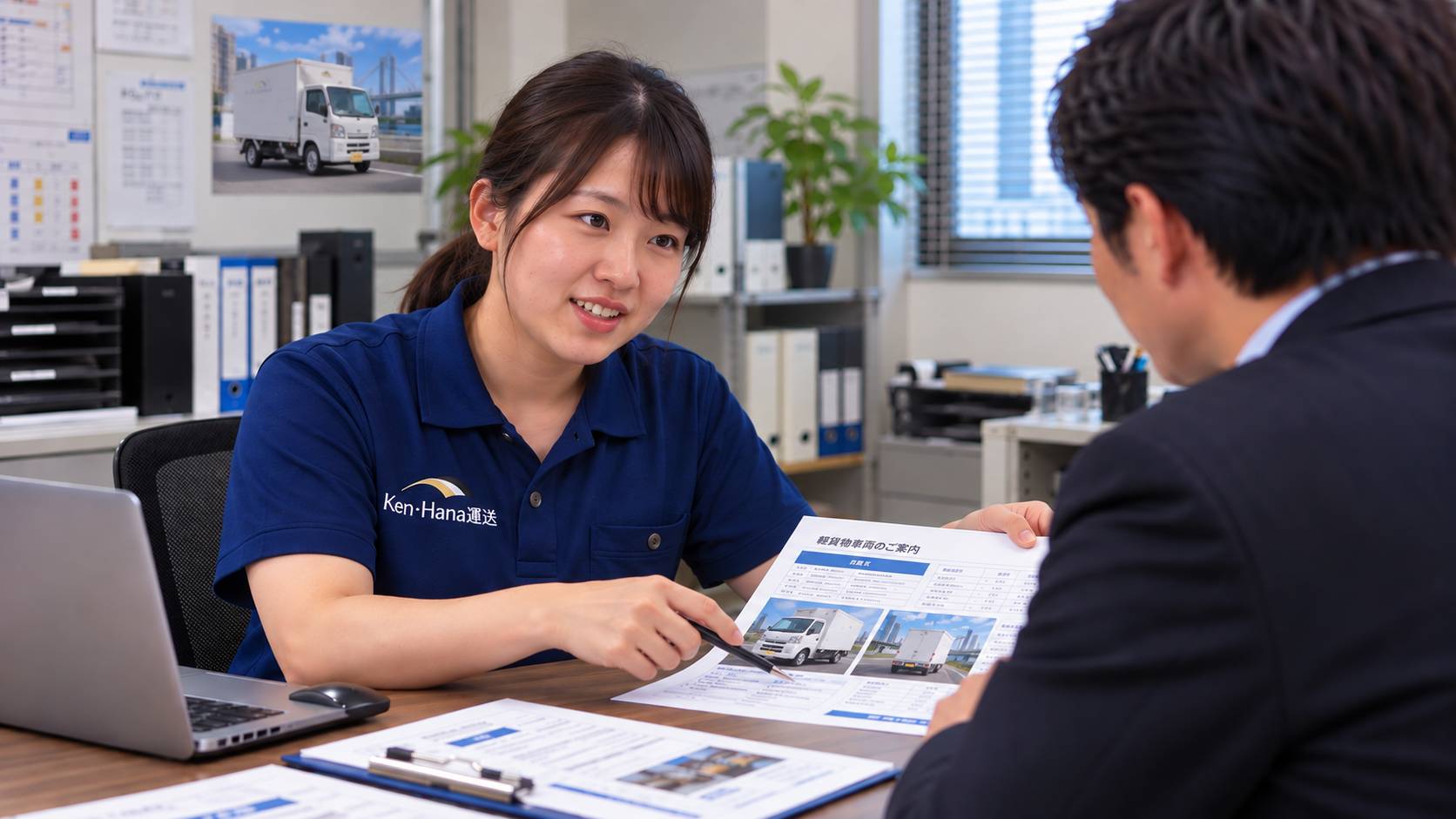 Ken・Hana運送の女性スタッフが契約内容や配送条件を確認する打ち合わせの様子